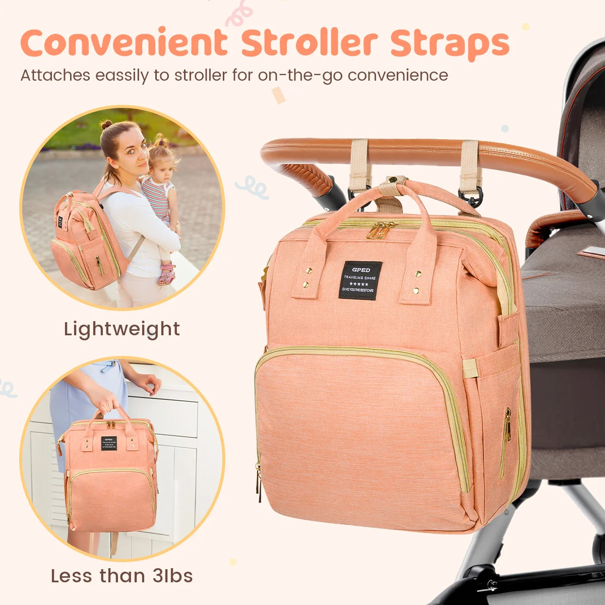 Multifunctional Backpack Diaper Bag with Changing Station (Pink)